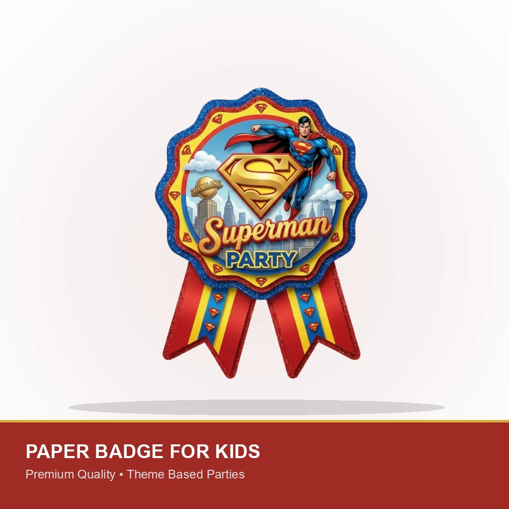 Superman Theme Theme Badges Birthday Party Supplies (Pack of 16) - 300 GSM Premium Cardstock Paper (3.7 X 3 Inch) - Premium Handcrafted 300 GSM Theme Badges by Party Decor Mall India - View 2