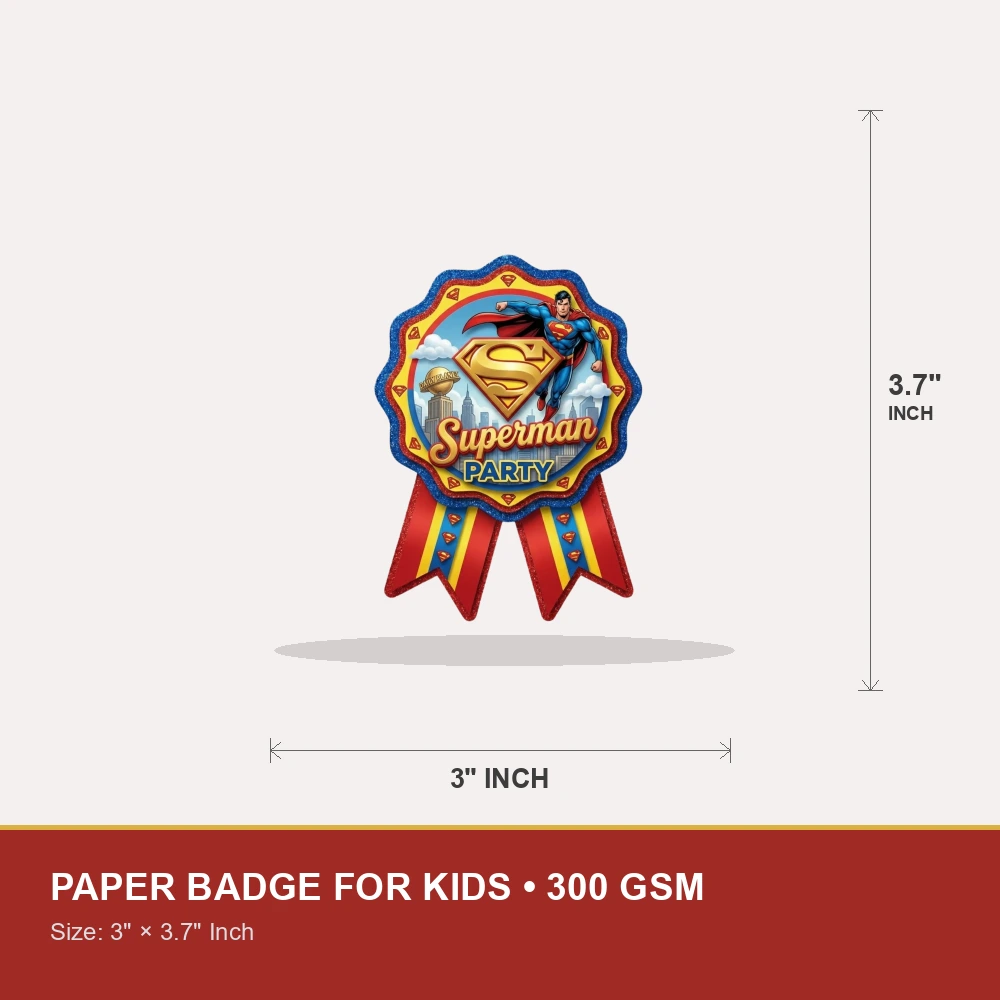 Superman Theme Theme Badges Birthday Party Supplies (Pack of 16) - 300 GSM Premium Cardstock Paper (3.7 X 3 Inch) - Premium Handcrafted 300 GSM Theme Badges by Party Decor Mall India - View 4
