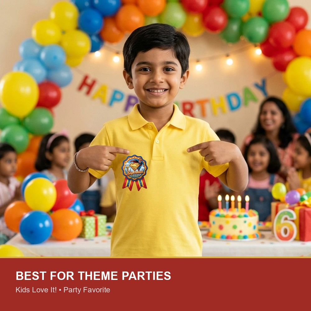 Superman Theme Theme Badges Birthday Party Supplies (Pack of 16) - 300 GSM Premium Cardstock Paper (3.7 X 3 Inch) - Premium Handcrafted 300 GSM Theme Badges by Party Decor Mall India - View 5
