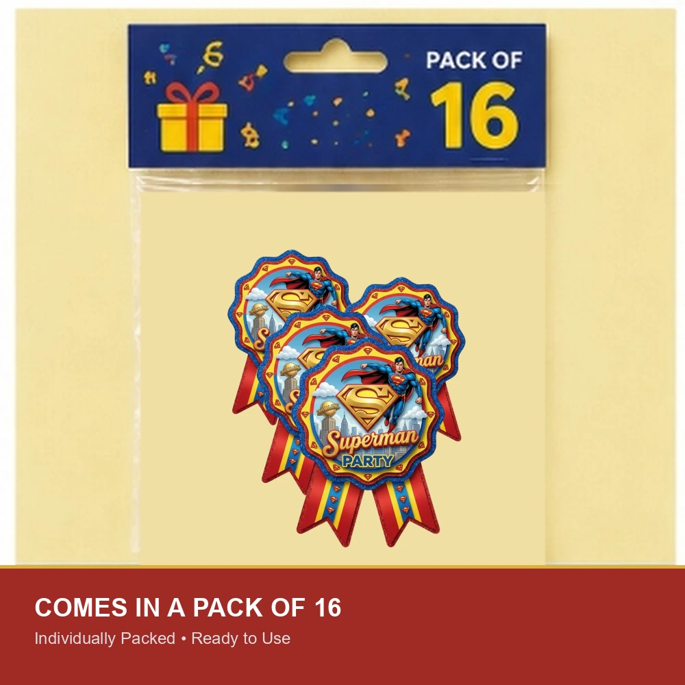 Superman Theme Theme Badges Birthday Party Supplies (Pack of 16) - 300 GSM Premium Cardstock Paper (3.7 X 3 Inch) - Premium Handcrafted 300 GSM Theme Badges by Party Decor Mall India - View 6