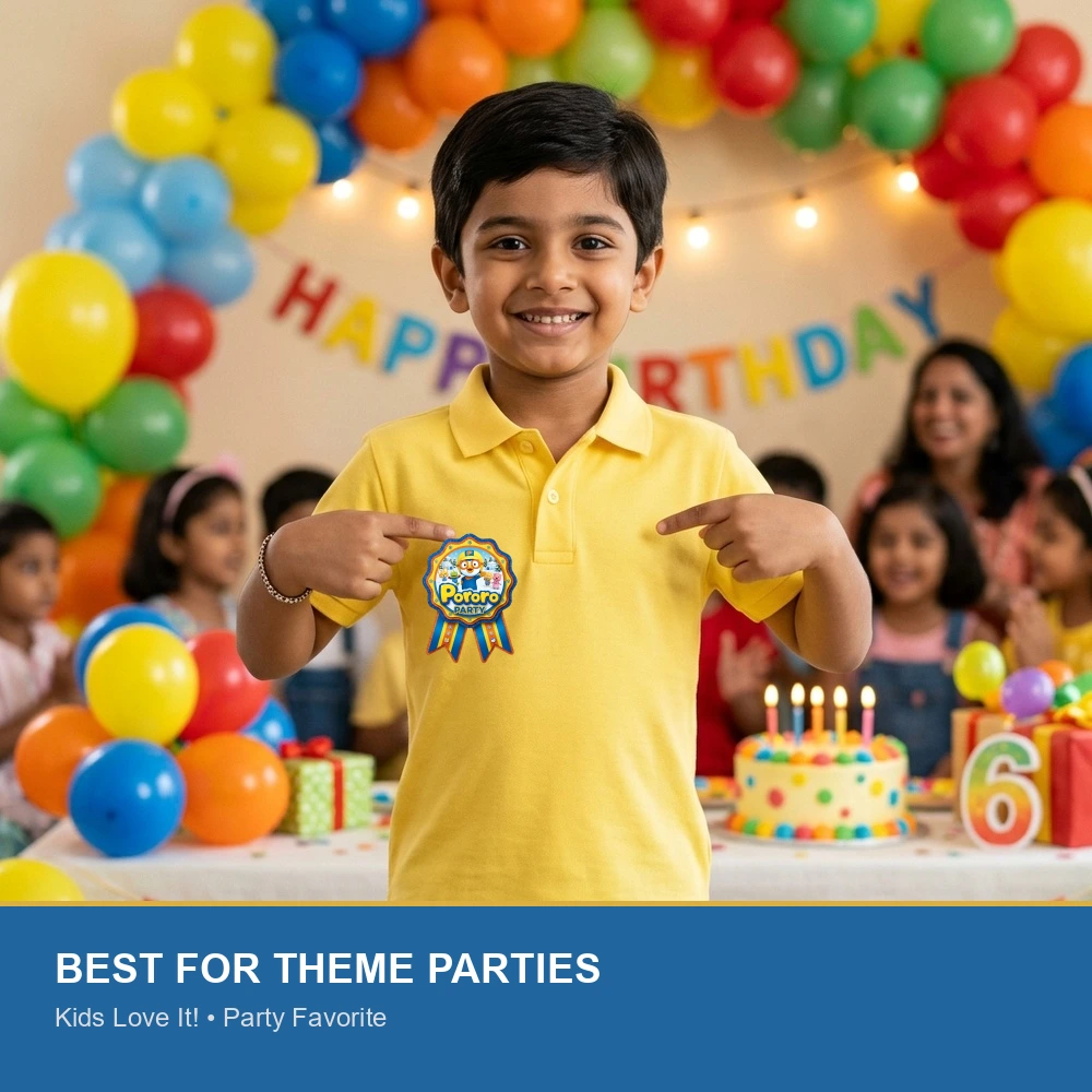 Pororo Theme Theme Badges Birthday Party Supplies (Pack of 16) - 300 GSM Premium Cardstock Paper (3.7 X 3 Inch) - Premium Handcrafted 300 GSM Theme Badges by Party Decor Mall India - View 5