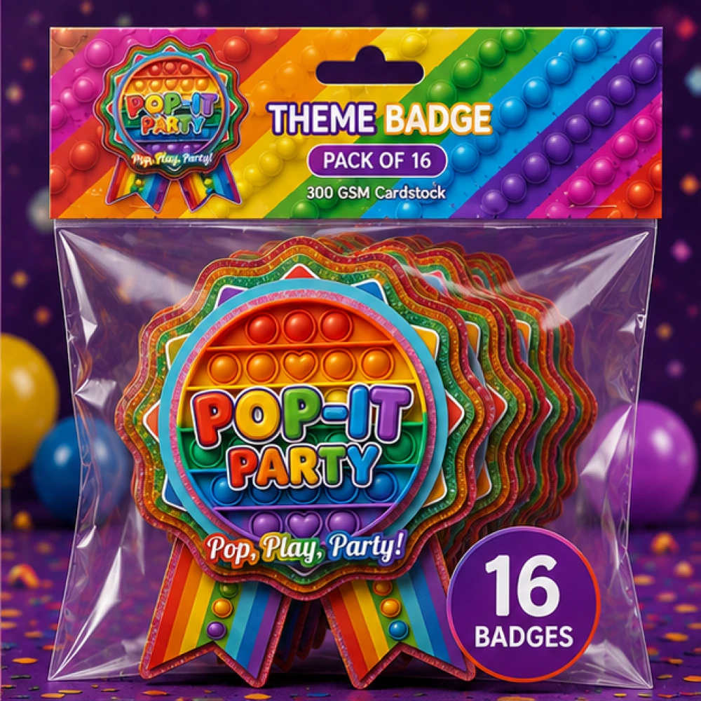 Pop-It Theme Theme Badges Birthday Party Supplies (Pack of 16) - 300 GSM Premium Cardstock Paper (3.7 x 3 Inch) - Premium Handcrafted 300 GSM Theme Badges by Party Decor Mall India - View 2