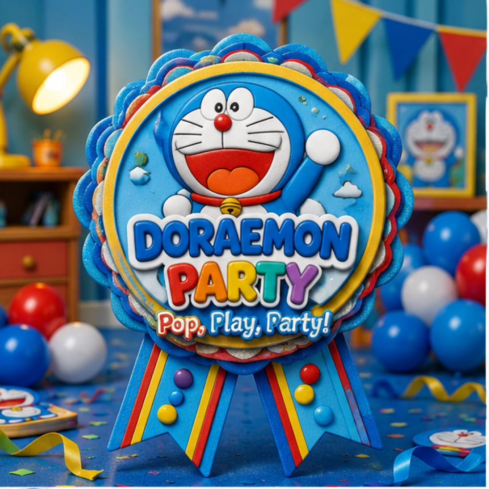 Doraemon Theme Theme Badges Birthday Party Supplies (Pack of 16) - 300 GSM Premium Cardstock Paper (3.7 x 3 Inch) - Premium Handcrafted 300 GSM Theme Badges by Party Decor Mall India - View 1