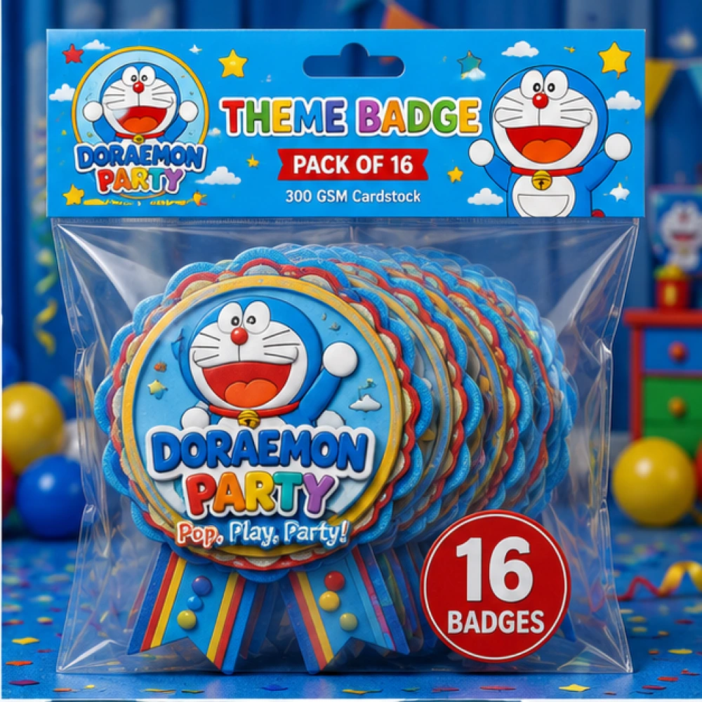 Doraemon Theme Theme Badges Birthday Party Supplies (Pack of 16) - 300 GSM Premium Cardstock Paper (3.7 x 3 Inch) - Premium Handcrafted 300 GSM Theme Badges by Party Decor Mall India - View 2