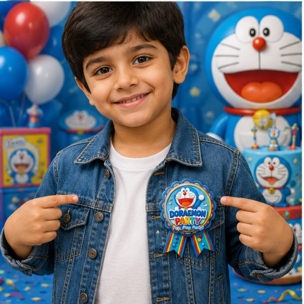 Doraemon Theme Theme Badges Birthday Party Supplies (Pack of 16) - 300 GSM Premium Cardstock Paper (3.7 x 3 Inch) - Premium Handcrafted 300 GSM Theme Badges by Party Decor Mall India - View 3