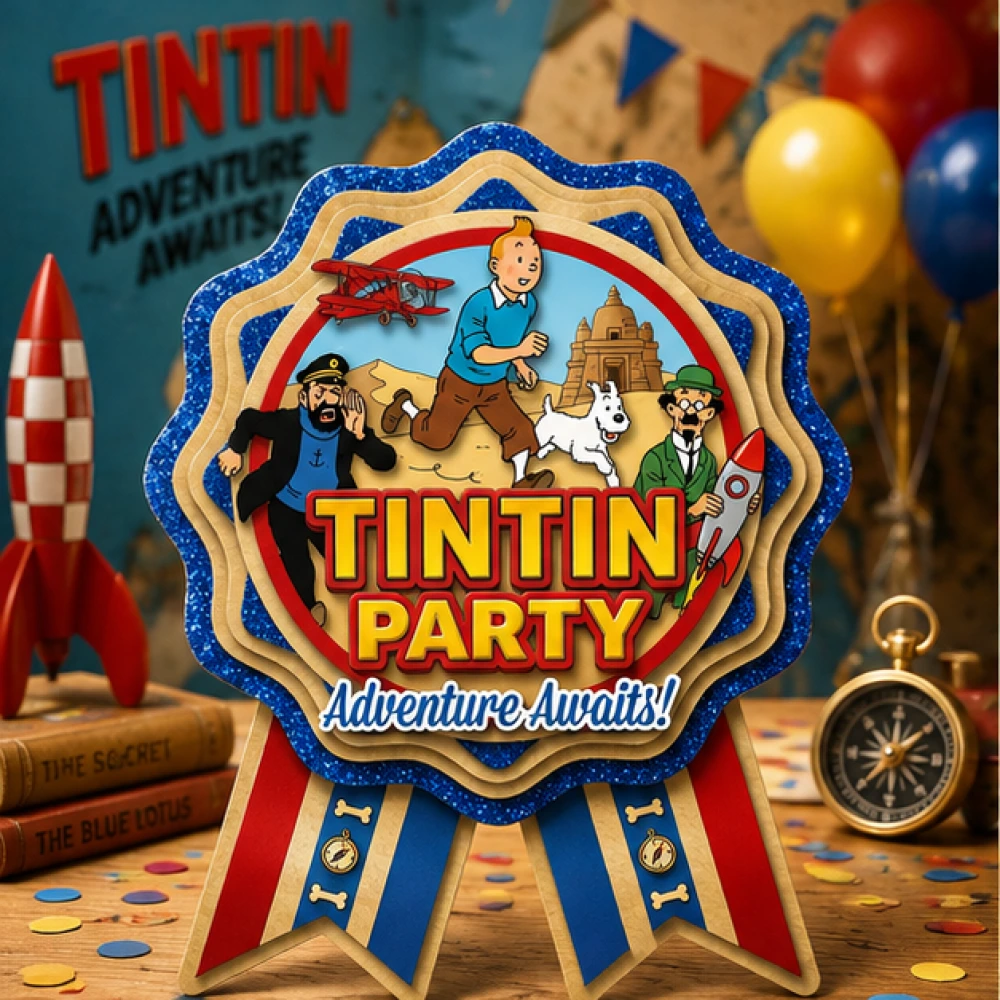 Tintin Theme Theme Badges Birthday Party Supplies (Pack of 16) - 300 GSM Premium Cardstock Paper (3.7 x 3 Inch)