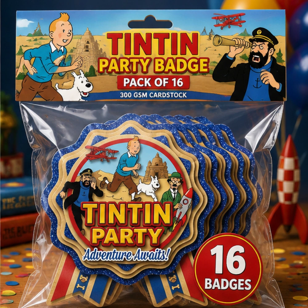 Tintin Theme Theme Badges Birthday Party Supplies (Pack of 16) - 300 GSM Premium Cardstock Paper (3.7 x 3 Inch) - Premium Handcrafted 300 GSM Theme Badges by Party Decor Mall India - View 2