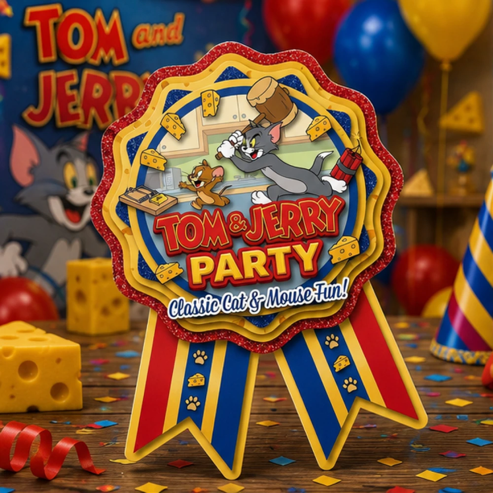 Tom & Jerry Theme Paper Badges For Kids Birthday Party Supplies (Pack Of 16) - 300 GSM Premium Cardstock with Pin (3.7 x 3 Inch)