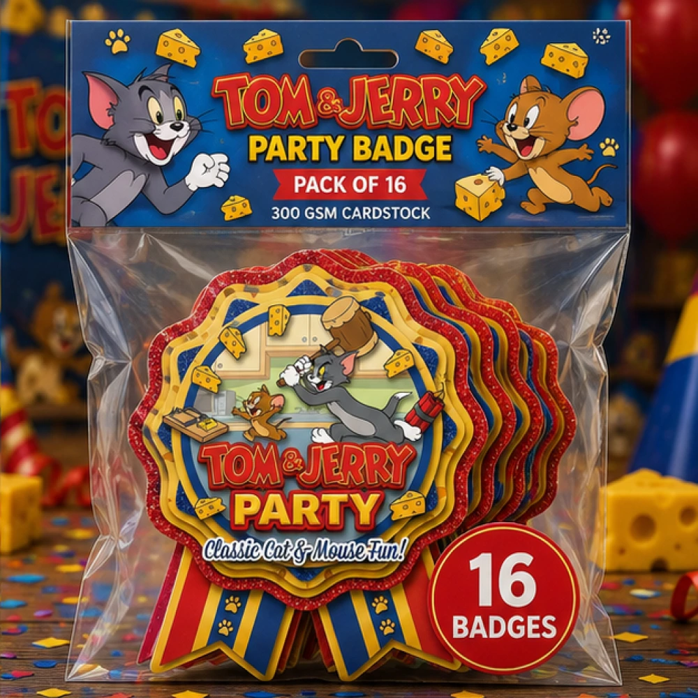 Tom & Jerry Theme Paper Badges For Kids Birthday Party Supplies (Pack Of 16) - 300 GSM Premium Cardstock with Pin (3.7 x 3 Inch) - Premium Handcrafted 300 GSM Theme Badges by Party Decor Mall India - View 6