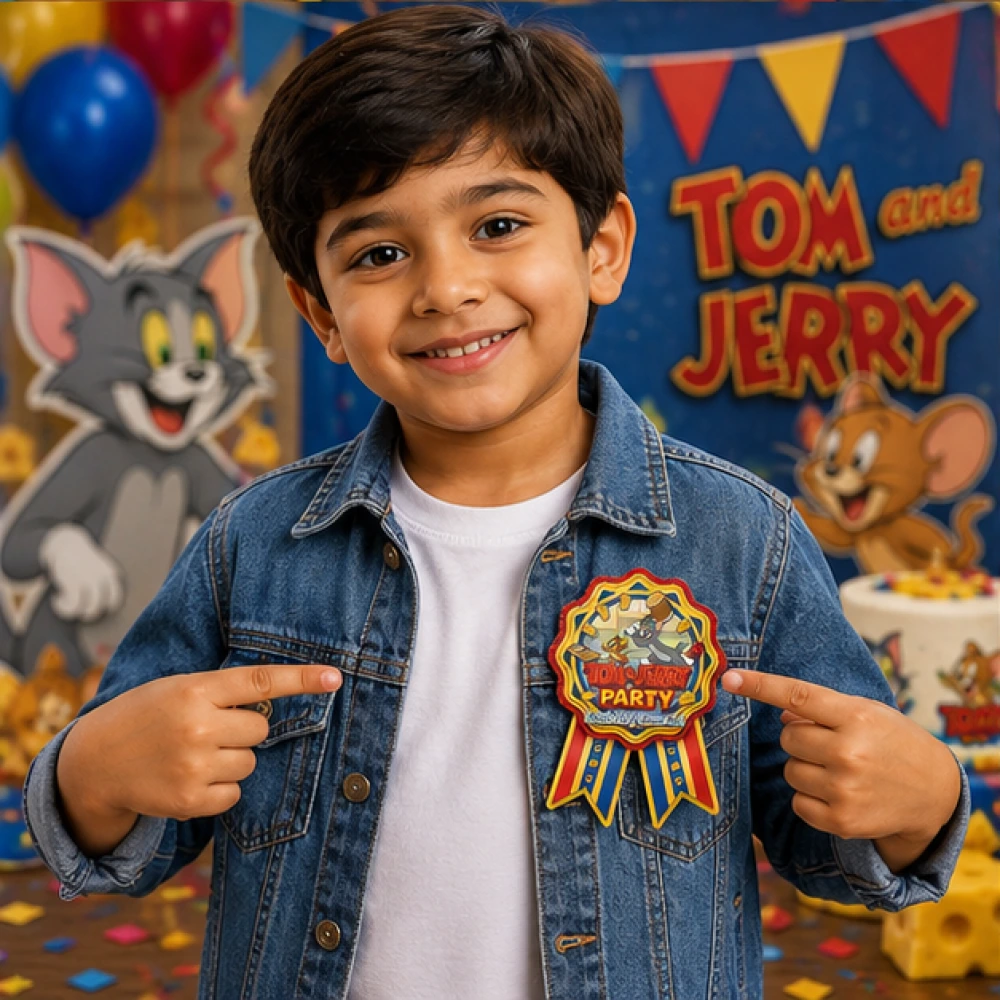 Tom & Jerry Theme Paper Badges For Kids Birthday Party Supplies (Pack Of 16) - 300 GSM Premium Cardstock with Pin (3.7 x 3 Inch) - Premium Handcrafted 300 GSM Theme Badges by Party Decor Mall India - View 7
