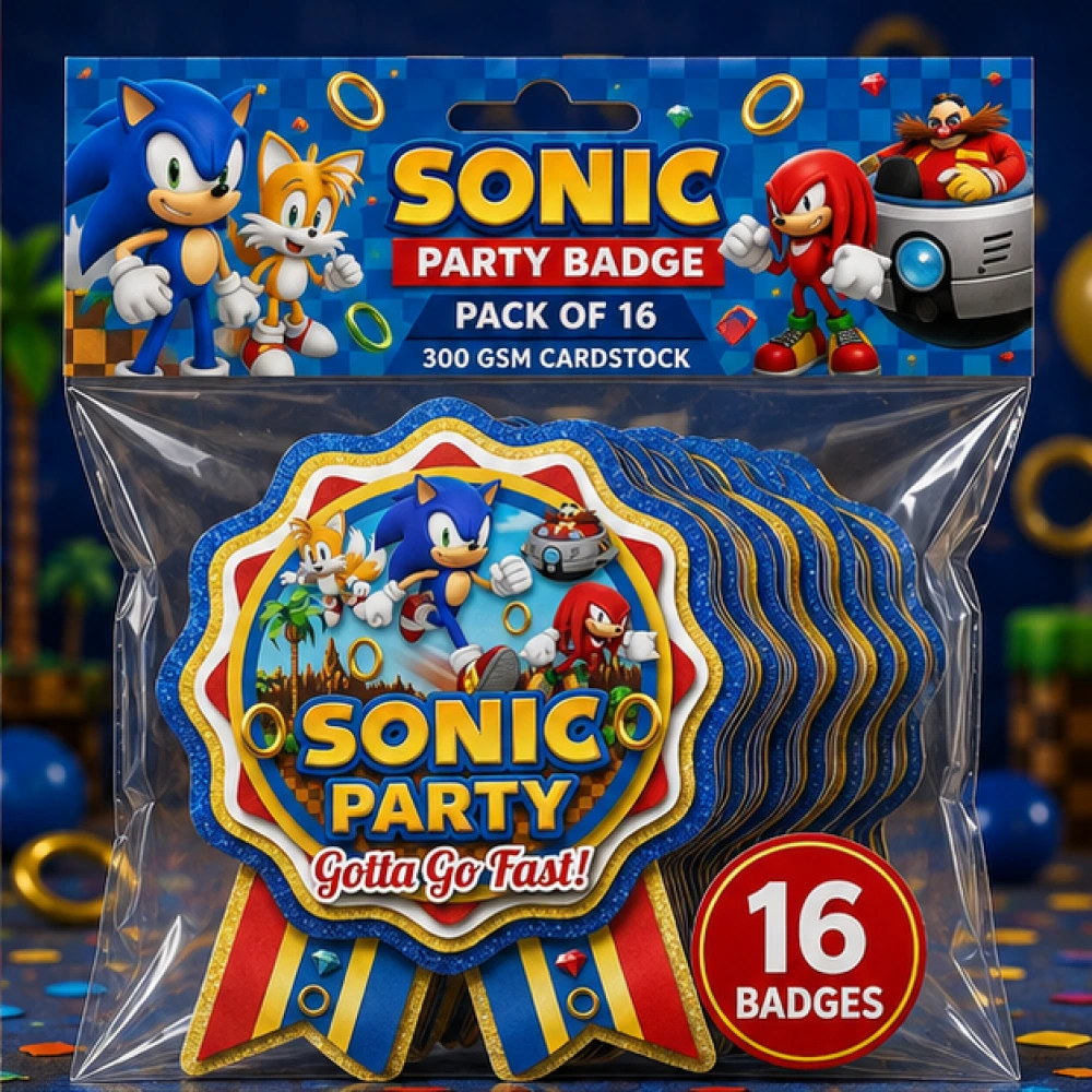 Sonic Theme Theme Badges Birthday Party Supplies (Pack of 16) - 300 GSM Premium Cardstock Paper (3.7 x 3 Inch) - Premium Handcrafted 300 GSM Theme Badges by Party Decor Mall India - View 2