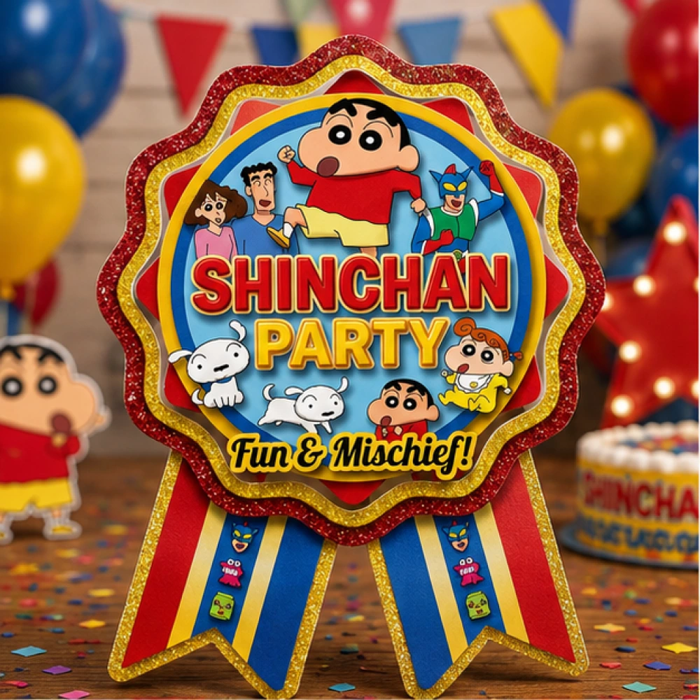 Shinchan Theme Theme Badges Birthday Party Supplies (Pack of 16) - 300 GSM Premium Cardstock Paper (3.7 x 3 Inch)