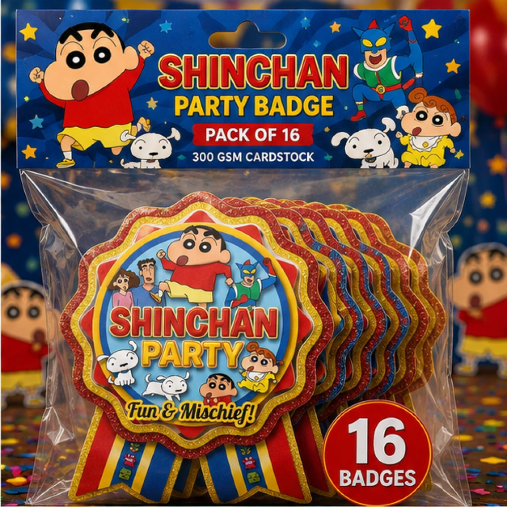 Shinchan Theme Theme Badges Birthday Party Supplies (Pack of 16) - 300 GSM Premium Cardstock Paper (3.7 x 3 Inch) - Premium Handcrafted 300 GSM Theme Badges by Party Decor Mall India - View 2