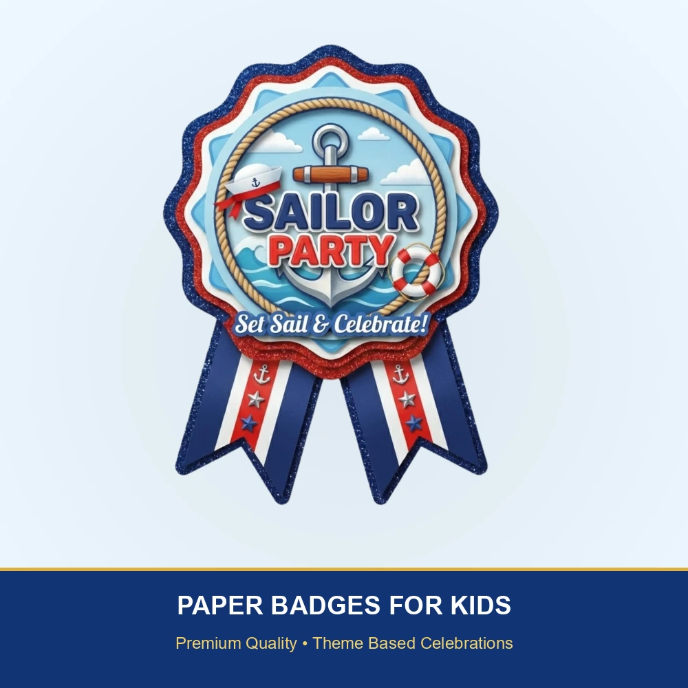 Sailor Theme Paper Badges For Kids Birthday Party Supplies (Pack Of 16) - 300 GSM Premium Cardstock with Pin (3.7 x 3 Inch) - Premium Handcrafted 300 GSM Theme Badges by Party Decor Mall India - View 2