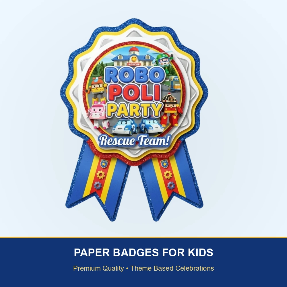 Robo Poli Theme Paper Badges For Kids Birthday Party Supplies (Pack Of 16) - 300 GSM Premium Cardstock with Pin (3.7 x 3 Inch) - Premium Handcrafted 300 GSM Theme Badges by Party Decor Mall India - View 2