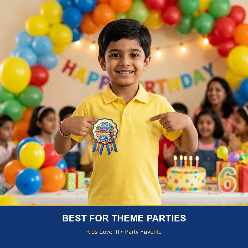 Robo Poli Theme Paper Badges For Kids Birthday Party Supplies (Pack Of 16) - 300 GSM Premium Cardstock with Pin (3.7 x 3 Inch) - Premium Handcrafted 300 GSM Theme Badges by Party Decor Mall India - View 5