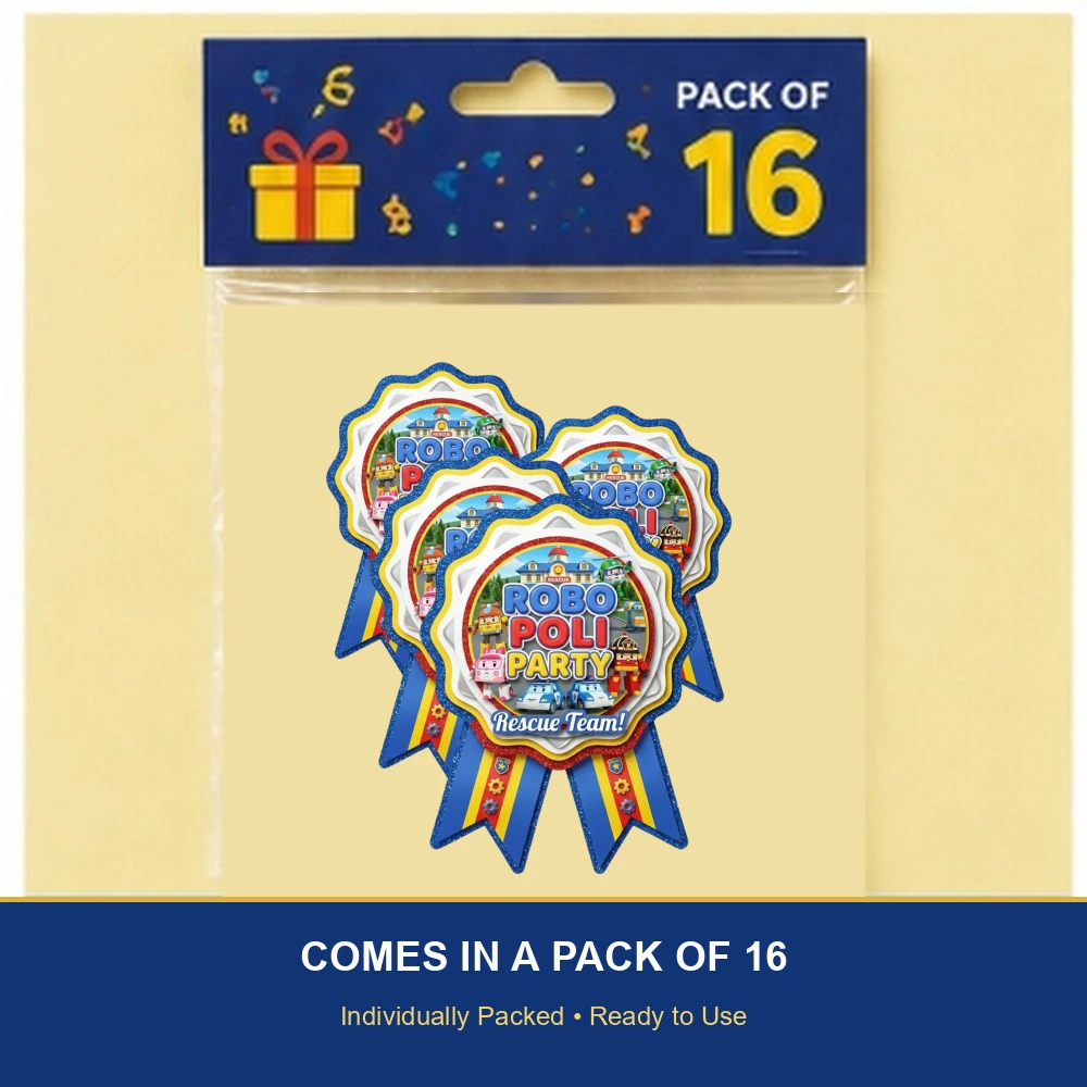 Robo Poli Theme Paper Badges For Kids Birthday Party Supplies (Pack Of 16) - 300 GSM Premium Cardstock with Pin (3.7 x 3 Inch) - Premium Handcrafted 300 GSM Theme Badges by Party Decor Mall India - View 6