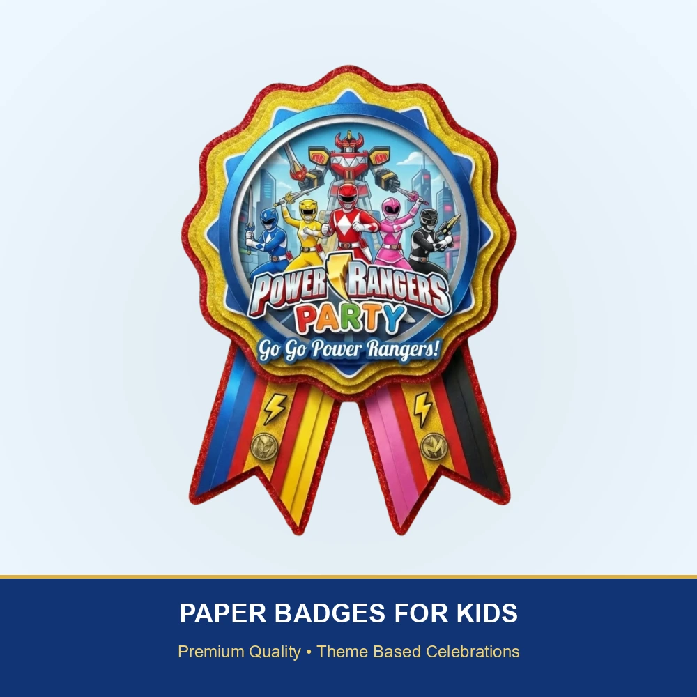 Power Rangers Theme Paper Badges For Kids Birthday Party Supplies (Pack Of 16) - 300 GSM Premium Cardstock with Pin (3.7 x 3 Inch) - Premium Handcrafted 300 GSM Theme Badges by Party Decor Mall India - View 2