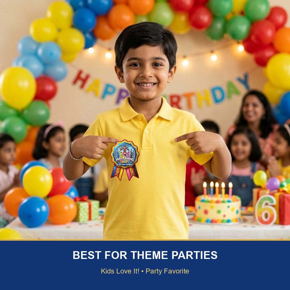 Power Rangers Theme Paper Badges For Kids Birthday Party Supplies (Pack Of 16) - 300 GSM Premium Cardstock with Pin (3.7 x 3 Inch) - Premium Handcrafted 300 GSM Theme Badges by Party Decor Mall India - View 5