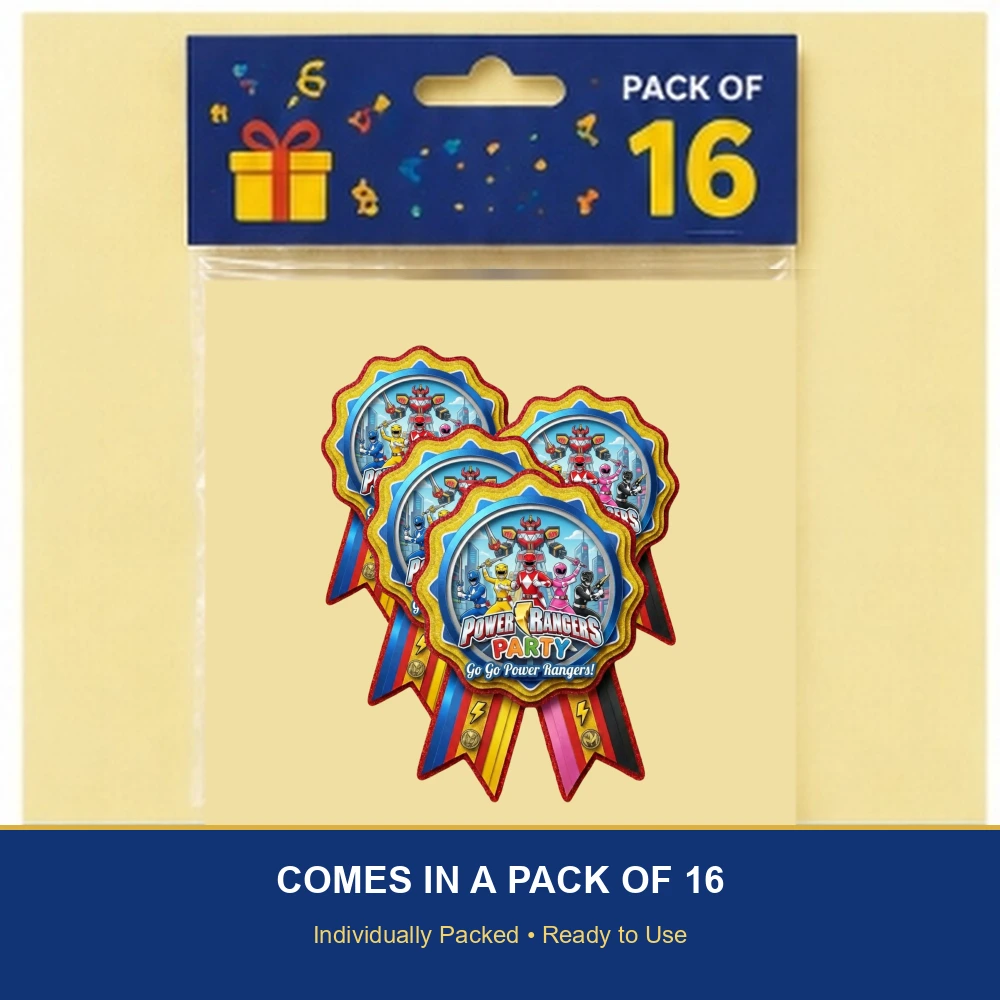 Power Rangers Theme Paper Badges For Kids Birthday Party Supplies (Pack Of 16) - 300 GSM Premium Cardstock with Pin (3.7 x 3 Inch) - Premium Handcrafted 300 GSM Theme Badges by Party Decor Mall India - View 6