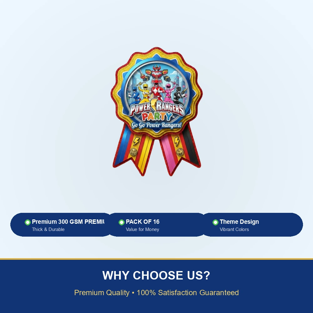 Power Rangers Theme Paper Badges For Kids Birthday Party Supplies (Pack Of 16) - 300 GSM Premium Cardstock with Pin (3.7 x 3 Inch) - Premium Handcrafted 300 GSM Theme Badges by Party Decor Mall India - View 7