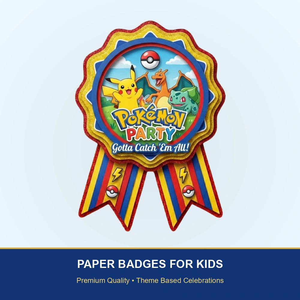 Pokémon Theme Paper Badges For Kids Birthday Party Supplies (Pack Of 16) - 300 GSM Premium Cardstock with Pin (3.7 x 3 Inch) - Premium Handcrafted 300 GSM Theme Badges by Party Decor Mall India - View 2