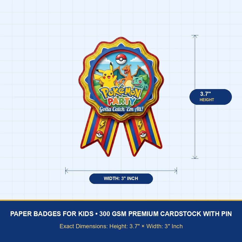 Pokémon Theme Paper Badges For Kids Birthday Party Supplies (Pack Of 16) - 300 GSM Premium Cardstock with Pin (3.7 x 3 Inch) - Premium Handcrafted 300 GSM Theme Badges by Party Decor Mall India - View 4