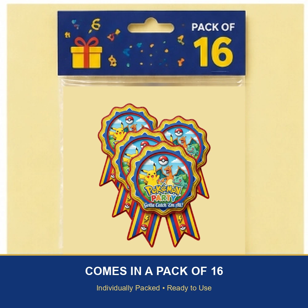 Pokémon Theme Paper Badges For Kids Birthday Party Supplies (Pack Of 16) - 300 GSM Premium Cardstock with Pin (3.7 x 3 Inch) - Premium Handcrafted 300 GSM Theme Badges by Party Decor Mall India - View 6