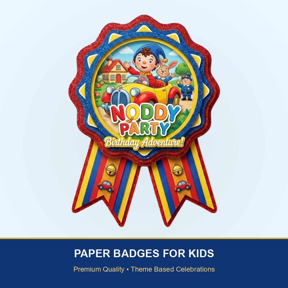 Noddy Theme Paper Badges For Kids Birthday Party Supplies (Pack Of 16) - 300 GSM Premium Cardstock with Pin (3.7 x 3 Inch) - Premium Handcrafted 300 GSM Theme Badges by Party Decor Mall India - View 2