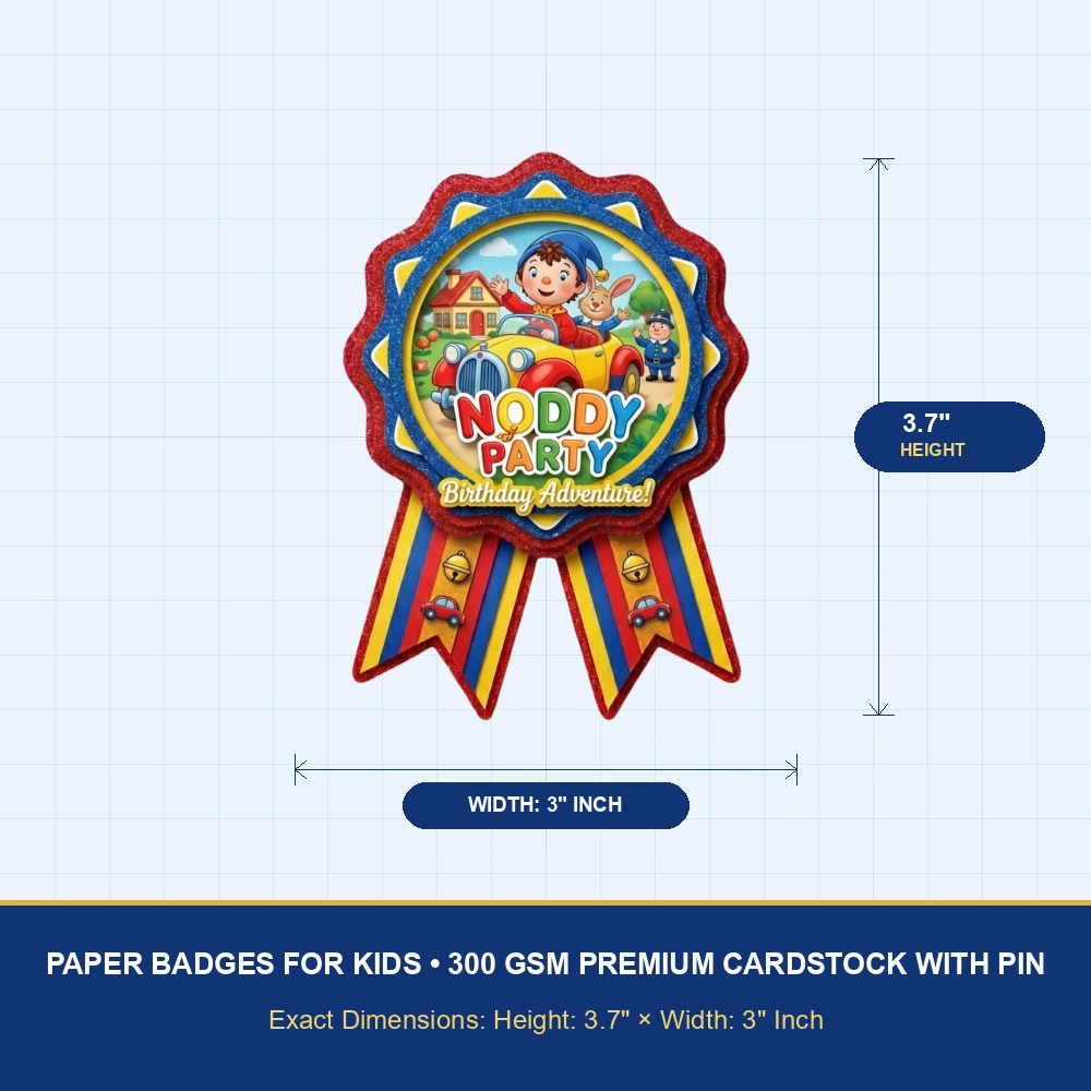 Noddy Theme Paper Badges For Kids Birthday Party Supplies (Pack Of 16) - 300 GSM Premium Cardstock with Pin (3.7 x 3 Inch) - Premium Handcrafted 300 GSM Theme Badges by Party Decor Mall India - View 4