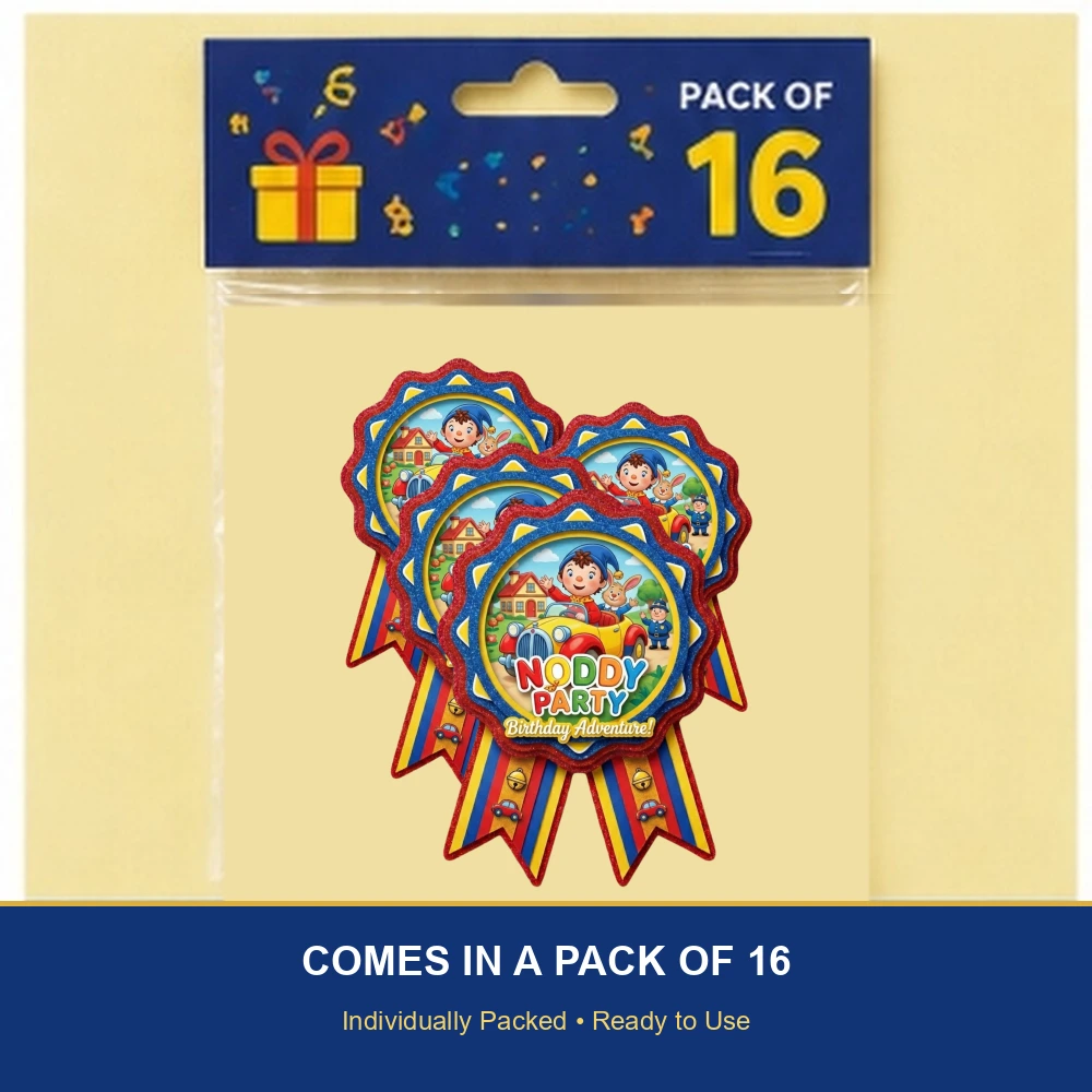 Noddy Theme Paper Badges For Kids Birthday Party Supplies (Pack Of 16) - 300 GSM Premium Cardstock with Pin (3.7 x 3 Inch) - Premium Handcrafted 300 GSM Theme Badges by Party Decor Mall India - View 6
