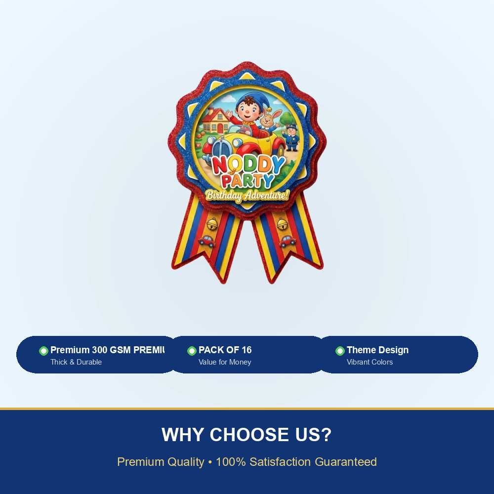 Noddy Theme Paper Badges For Kids Birthday Party Supplies (Pack Of 16) - 300 GSM Premium Cardstock with Pin (3.7 x 3 Inch) - Premium Handcrafted 300 GSM Theme Badges by Party Decor Mall India - View 7