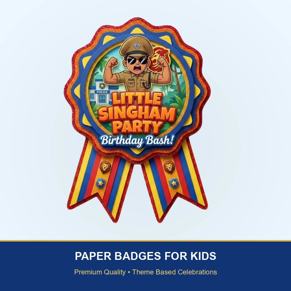 Little Singham Theme Paper Badges For Kids Birthday Party Supplies (Pack Of 16) - 300 GSM Premium Cardstock with Pin (3.7 x 3 Inch) - Premium Handcrafted 300 GSM Theme Badges by Party Decor Mall India - View 2