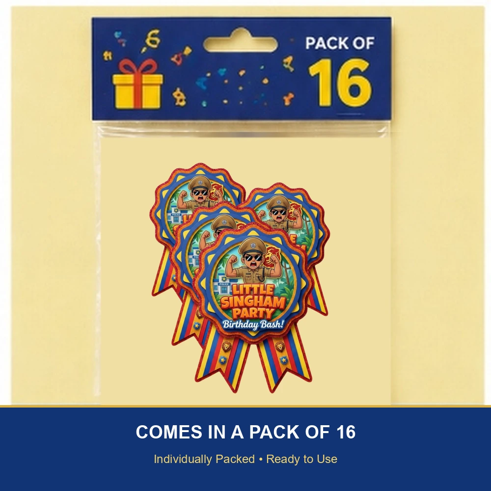 Little Singham Theme Paper Badges For Kids Birthday Party Supplies (Pack Of 16) - 300 GSM Premium Cardstock with Pin (3.7 x 3 Inch) - Premium Handcrafted 300 GSM Theme Badges by Party Decor Mall India - View 6