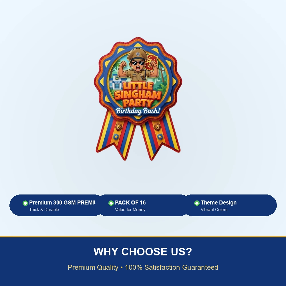 Little Singham Theme Paper Badges For Kids Birthday Party Supplies (Pack Of 16) - 300 GSM Premium Cardstock with Pin (3.7 x 3 Inch) - Premium Handcrafted 300 GSM Theme Badges by Party Decor Mall India - View 7