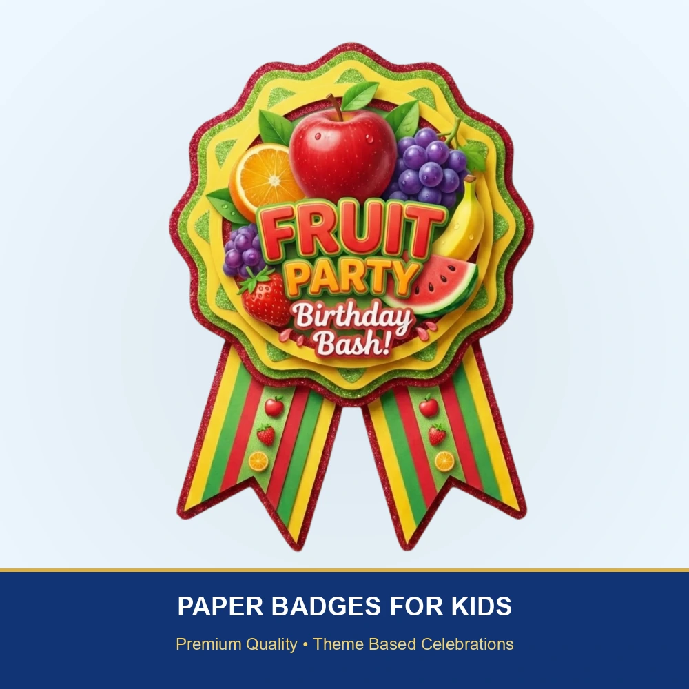 Fruits Theme Paper Badges For Kids Birthday Party Supplies (Pack Of 16) - 300 GSM Premium Cardstock with Pin (3.7 x 3 Inch) - Premium Handcrafted 300 GSM Theme Badges by Party Decor Mall India - View 2