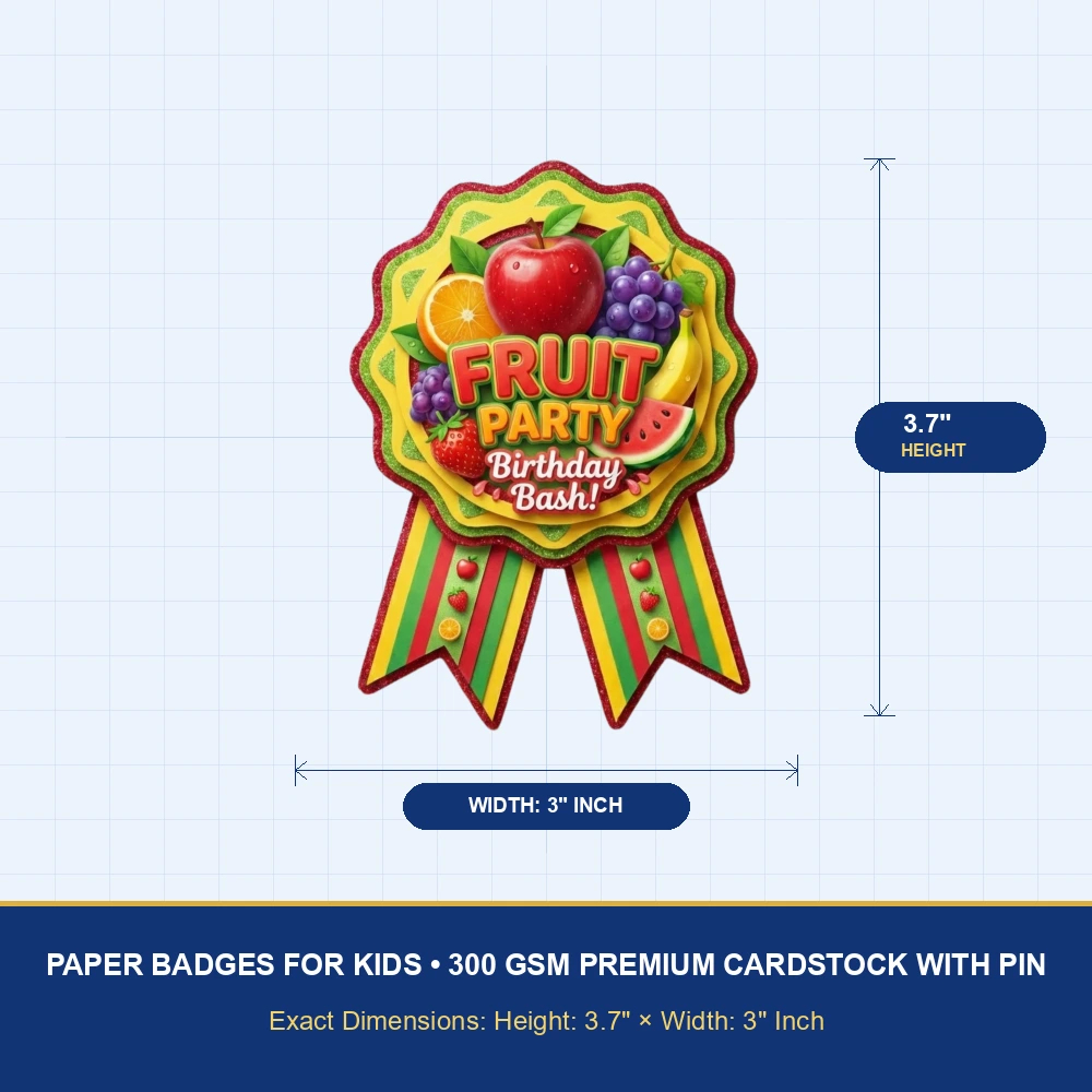 Fruits Theme Paper Badges For Kids Birthday Party Supplies (Pack Of 16) - 300 GSM Premium Cardstock with Pin (3.7 x 3 Inch) - Premium Handcrafted 300 GSM Theme Badges by Party Decor Mall India - View 4