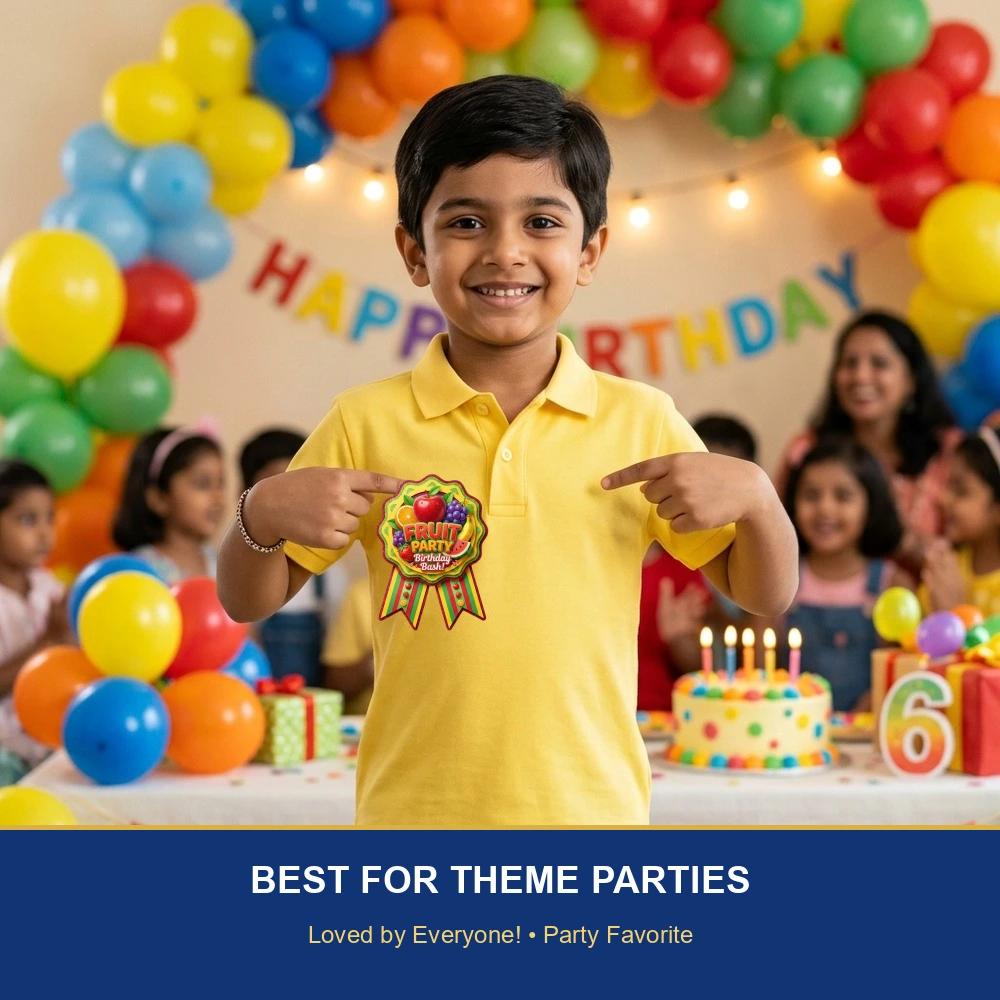 Fruits Theme Paper Badges For Kids Birthday Party Supplies (Pack Of 16) - 300 GSM Premium Cardstock with Pin (3.7 x 3 Inch) - Premium Handcrafted 300 GSM Theme Badges by Party Decor Mall India - View 5