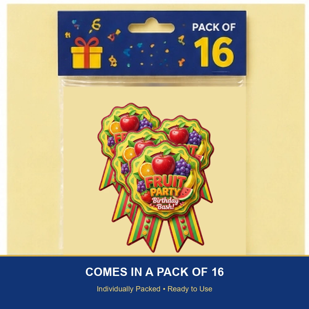 Fruits Theme Paper Badges For Kids Birthday Party Supplies (Pack Of 16) - 300 GSM Premium Cardstock with Pin (3.7 x 3 Inch) - Premium Handcrafted 300 GSM Theme Badges by Party Decor Mall India - View 6
