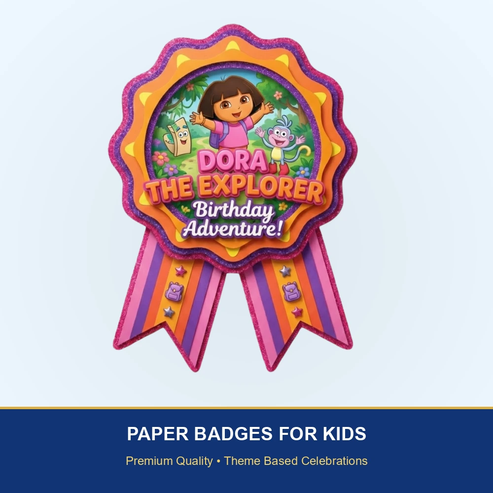 Dora The Explorer Theme Theme Badges Birthday Party Supplies (Pack of 16) - 300 GSM Premium Cardstock Paper (3.7 x 3 Inch) - Premium Handcrafted 300 GSM Theme Badges by Party Decor Mall India - View 2