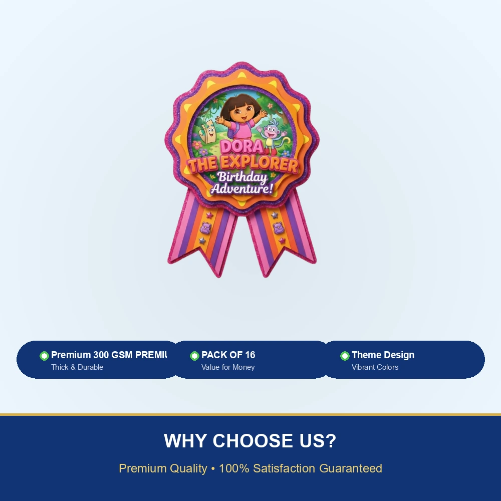 Dora The Explorer Theme Theme Badges Birthday Party Supplies (Pack of 16) - 300 GSM Premium Cardstock Paper (3.7 x 3 Inch) - Premium Handcrafted 300 GSM Theme Badges by Party Decor Mall India - View 7
