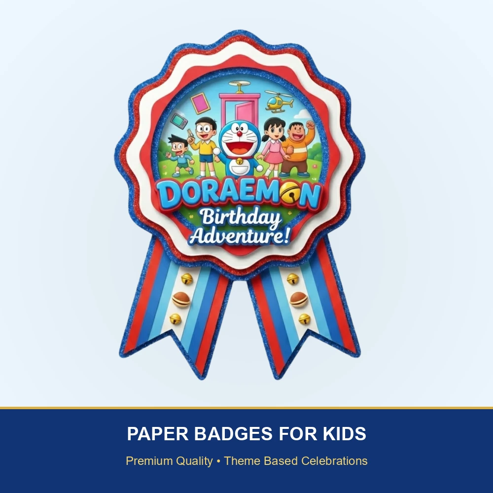 Doraemon Theme Paper Badges For Kids Birthday Party Supplies (Pack Of 16) - 300 GSM Premium Cardstock with Pin (3.7 x 3 Inch) - Premium Handcrafted 300 GSM Theme Badges by Party Decor Mall India - View 2