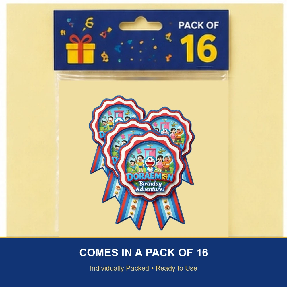 Doraemon Theme Paper Badges For Kids Birthday Party Supplies (Pack Of 16) - 300 GSM Premium Cardstock with Pin (3.7 x 3 Inch) - Premium Handcrafted 300 GSM Theme Badges by Party Decor Mall India - View 6