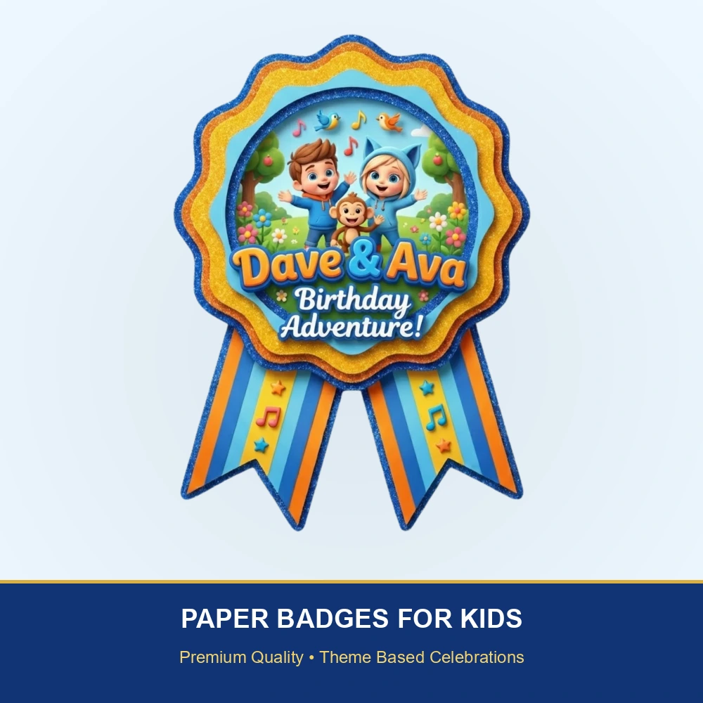 Dave & Ava Theme Paper Badges For Kids Birthday Party Supplies (Pack Of 16) - 300 GSM Premium Cardstock with Pin (3.7 x 3 Inch) - Premium Handcrafted 300 GSM Theme Badges by Party Decor Mall India - View 2