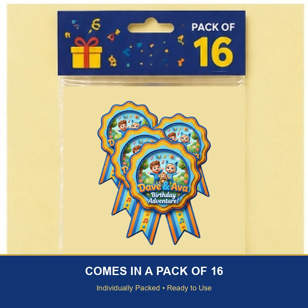 Dave & Ava Theme Paper Badges For Kids Birthday Party Supplies (Pack Of 16) - 300 GSM Premium Cardstock with Pin (3.7 x 3 Inch) - Premium Handcrafted 300 GSM Theme Badges by Party Decor Mall India - View 6