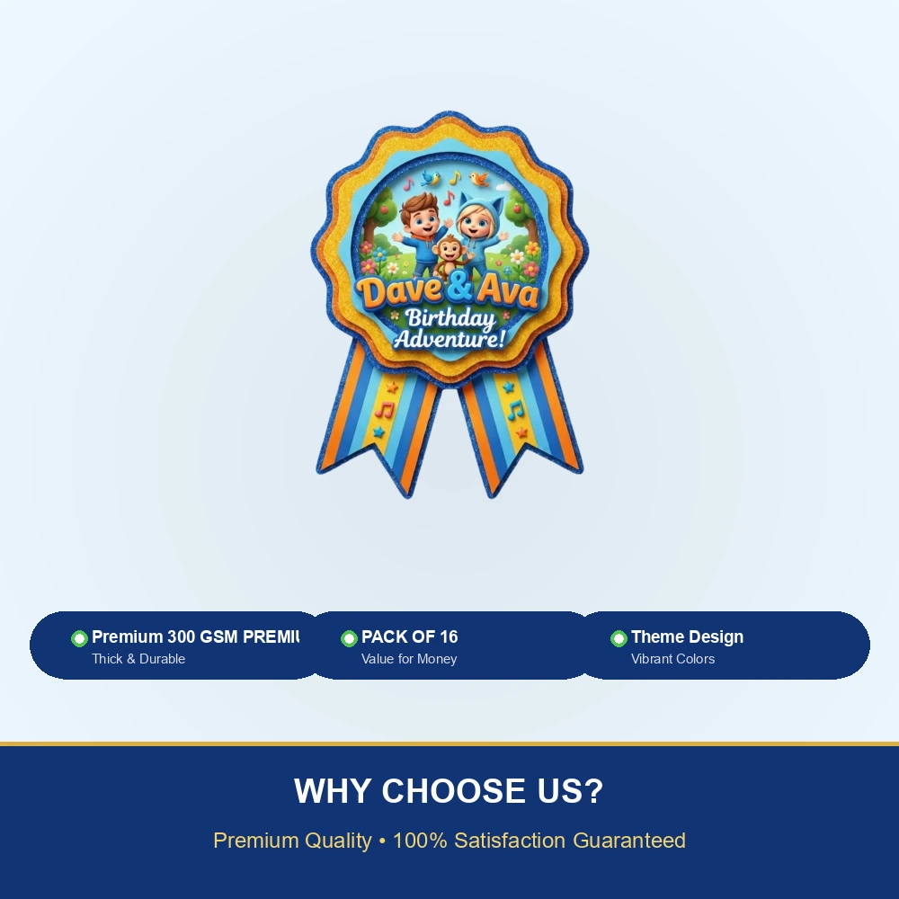 Dave & Ava Theme Paper Badges For Kids Birthday Party Supplies (Pack Of 16) - 300 GSM Premium Cardstock with Pin (3.7 x 3 Inch) - Premium Handcrafted 300 GSM Theme Badges by Party Decor Mall India - View 7
