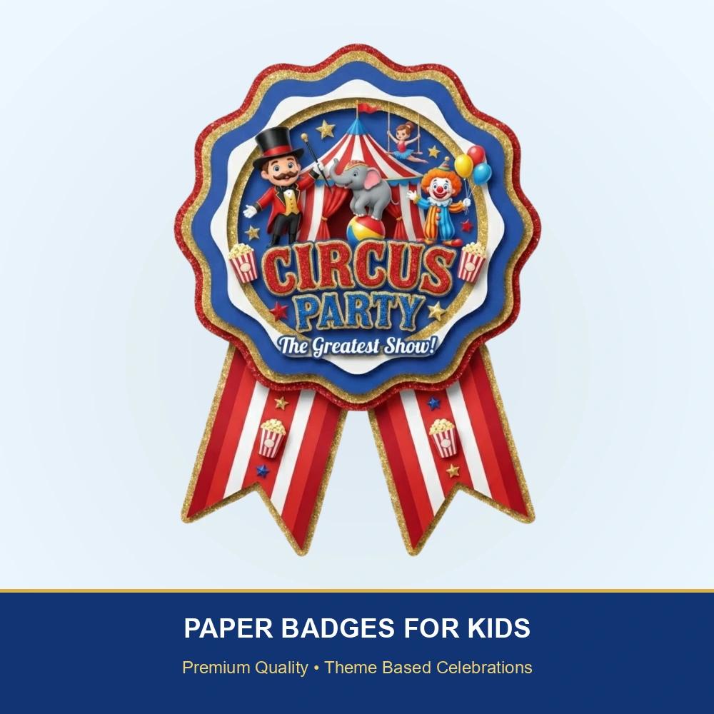 Circus Theme Paper Badges For Kids Birthday Party Supplies (Pack Of 16) - 300 GSM Premium Cardstock with Pin (3.7 x 3 Inch) - Premium Handcrafted 300 GSM Theme Badges by Party Decor Mall India - View 2