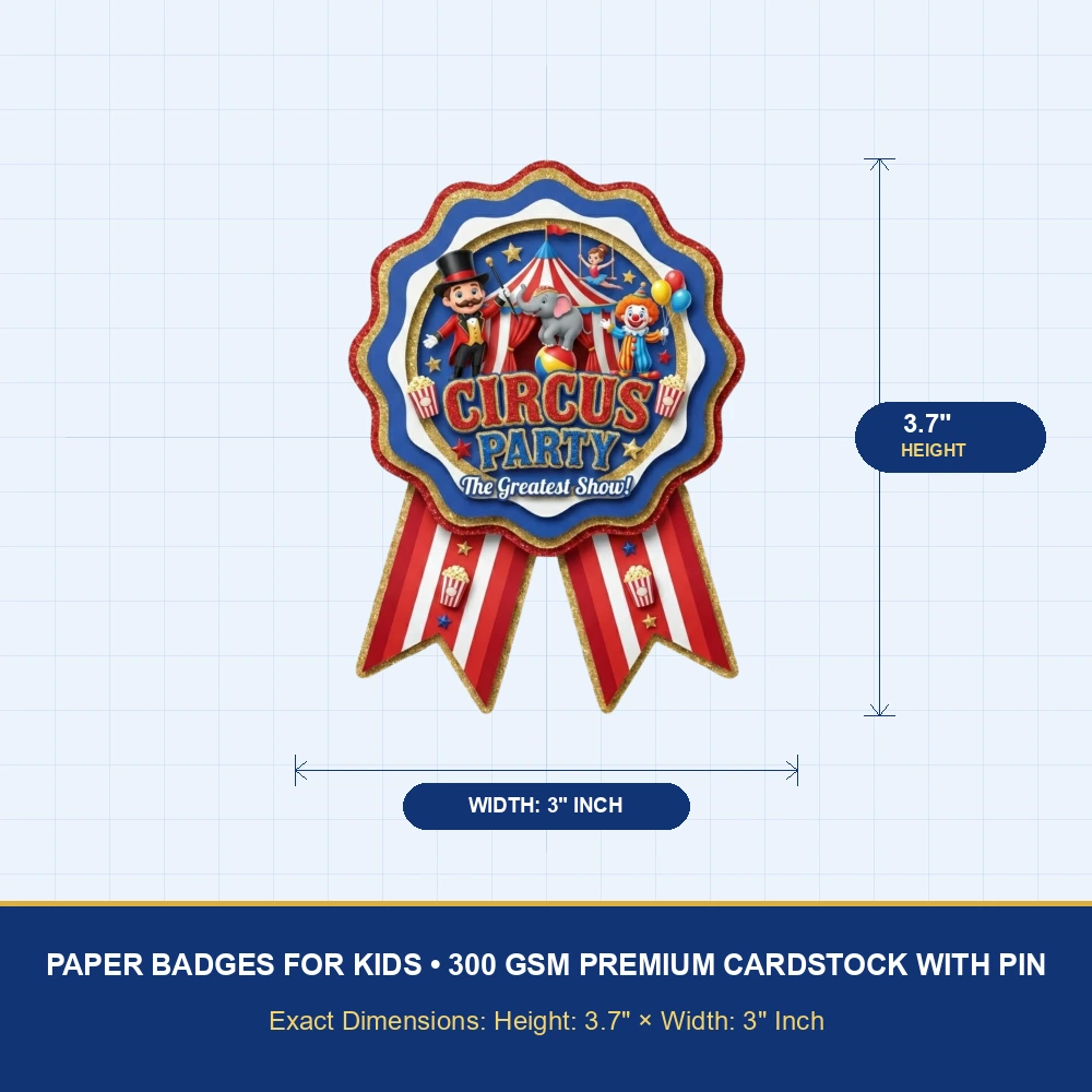 Circus Theme Paper Badges For Kids Birthday Party Supplies (Pack Of 16) - 300 GSM Premium Cardstock with Pin (3.7 x 3 Inch) - Premium Handcrafted 300 GSM Theme Badges by Party Decor Mall India - View 4