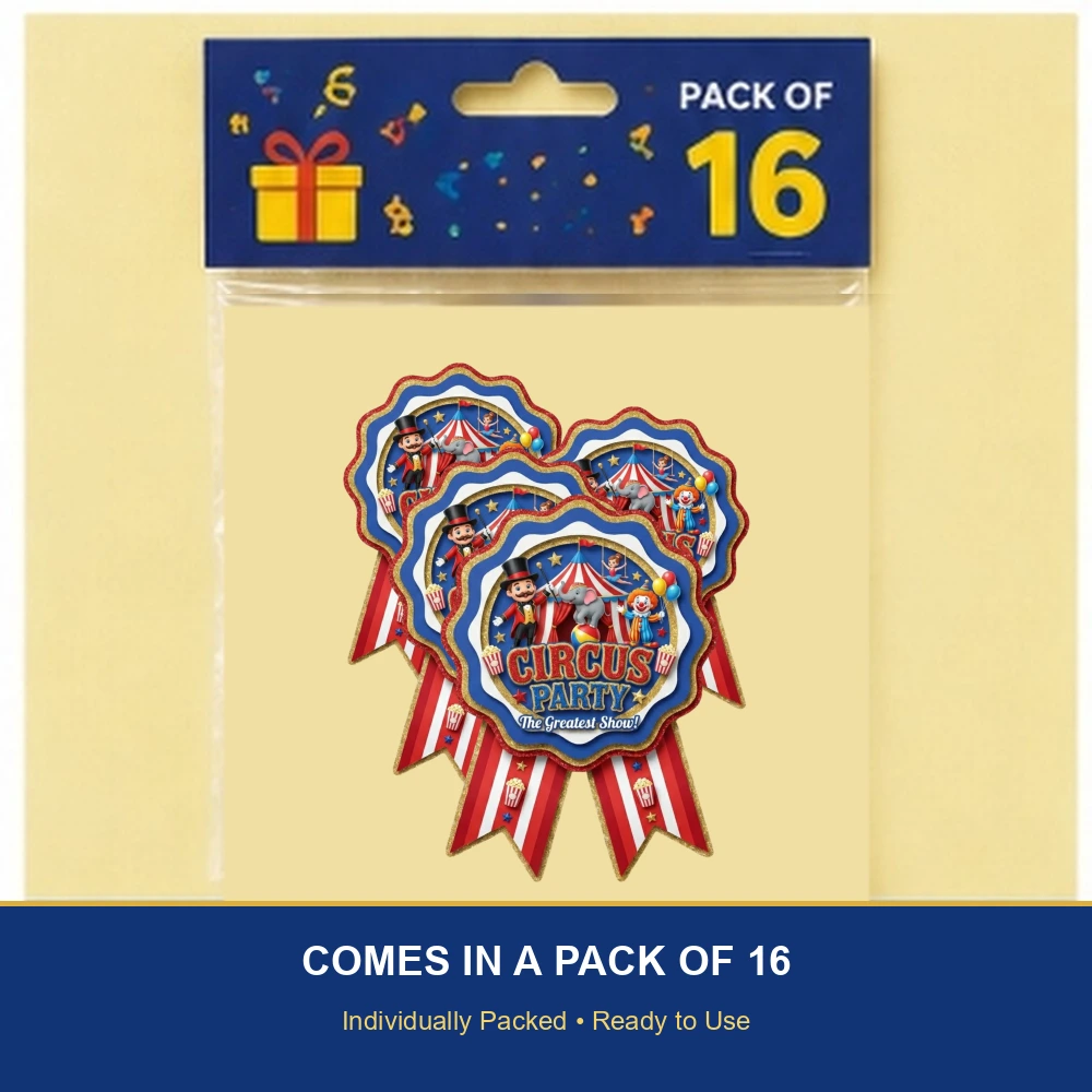Circus Theme Paper Badges For Kids Birthday Party Supplies (Pack Of 16) - 300 GSM Premium Cardstock with Pin (3.7 x 3 Inch) - Premium Handcrafted 300 GSM Theme Badges by Party Decor Mall India - View 6