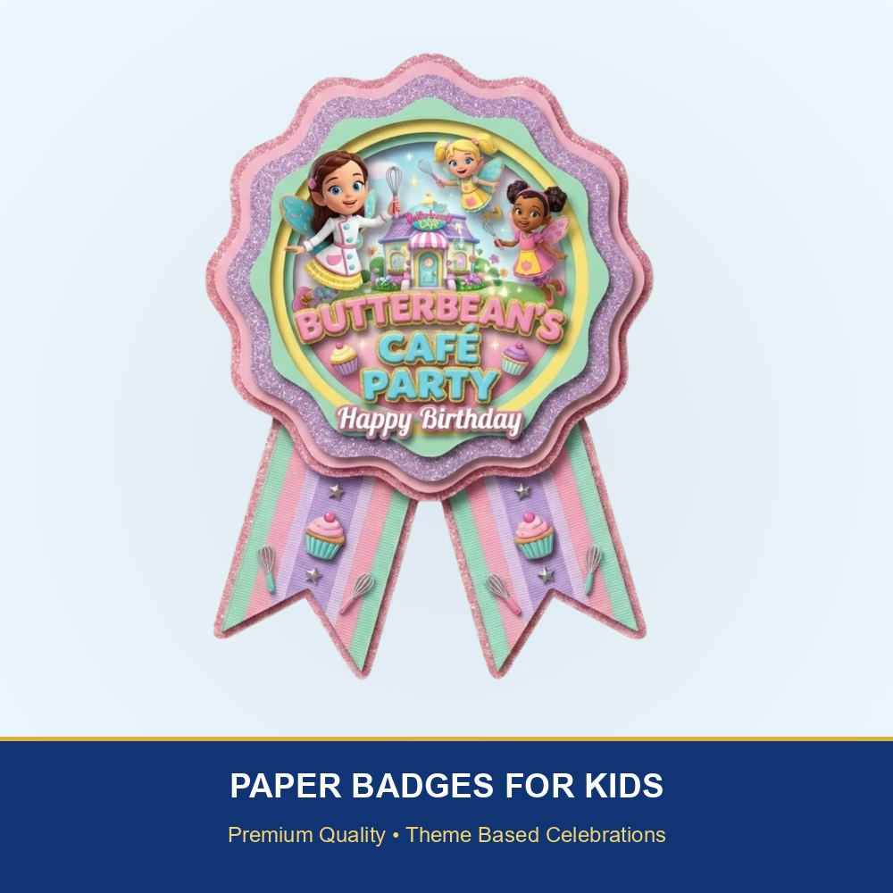 Butterbeans Theme Paper Badges For Kids Birthday Party Supplies (Pack Of 16) - 300 GSM Premium Cardstock with Pin (3.7 x 3 Inch) - Premium Handcrafted 300 GSM Theme Badges by Party Decor Mall India - View 2